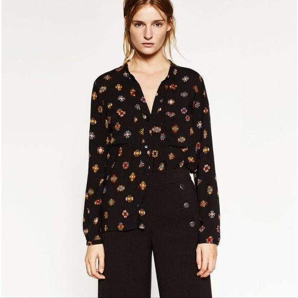 Zara -1824 Jewel Print Button Up Shirt Long Sleeve Black Multicolor Medium - Picture 2 of 8